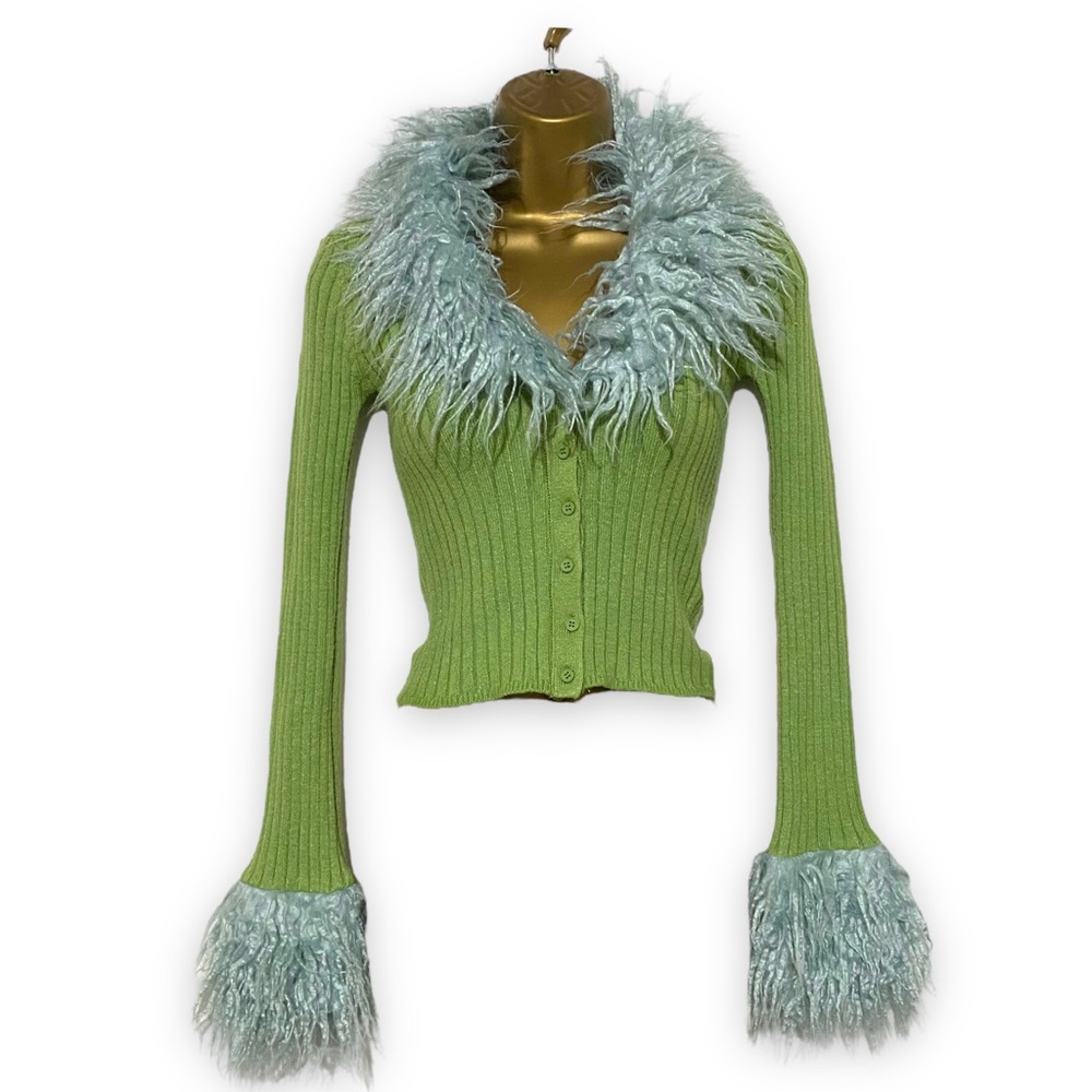 Urban Outfitters Cardigan Y2K Faux Fur Collar Cuffs Slim Fit Green XS Ribbed 90s - Picture 7 of 10